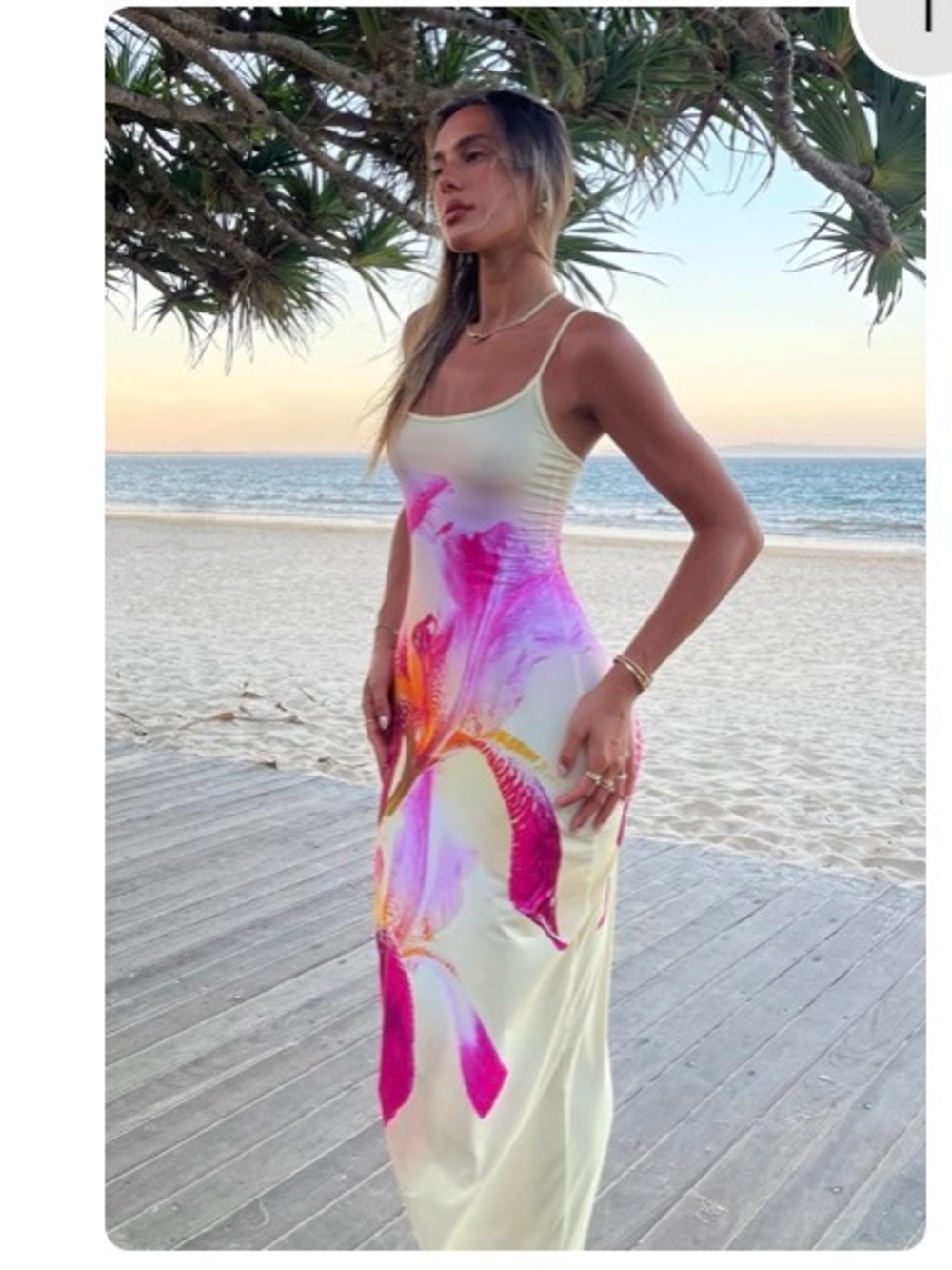 White Fox Boutique Cream Maxi Dress with Pink and Purple Floral Print